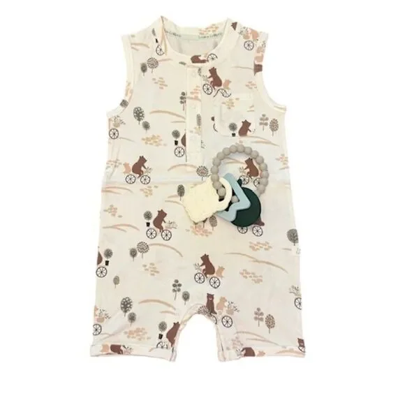 NWOT Loulou Lollipop Set Bears on Bike Short Romper Teething Ring Size‎ 12-18 Mo