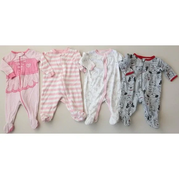 Newborn 0-3 month Baby Girl Sleeper Footed Pajamas Bundle Lot 4‎ pc