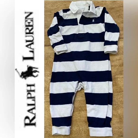 Ralph Lauren‎ Infant Size 9 Mo Navy/White Stripe Cotton Rugby Coverall