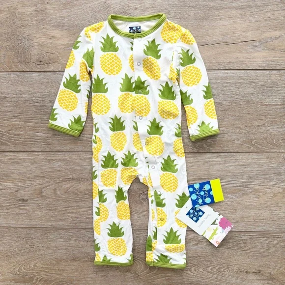 Kickee Pants Pineapple Coverall Sz 6-9 Months Bamboo Long Sleeve Soft‎ NEW