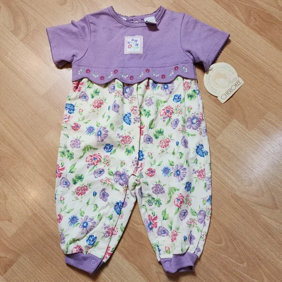 Vintage Cherokee One Piece Romper Size 6/9 Months‎ 100% Cotton Purple Floral NWT