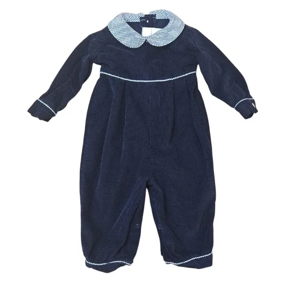 Zuccini Kids Baby Girl Navy Blue Corduroy Pleated Plaid Romper 100%‎ Cotton 3Mo