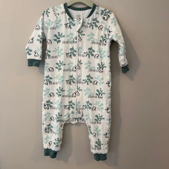 Nest Designs Organic Cotton Sleep Suit Bird Leaf Print‎ 1.0 TOG Teal White S/80