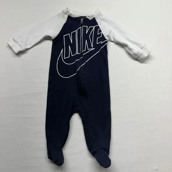 Nike Baby Footed Sleeper 6M Navy White Logo Zip Cotton One‎ Piece Pajamas