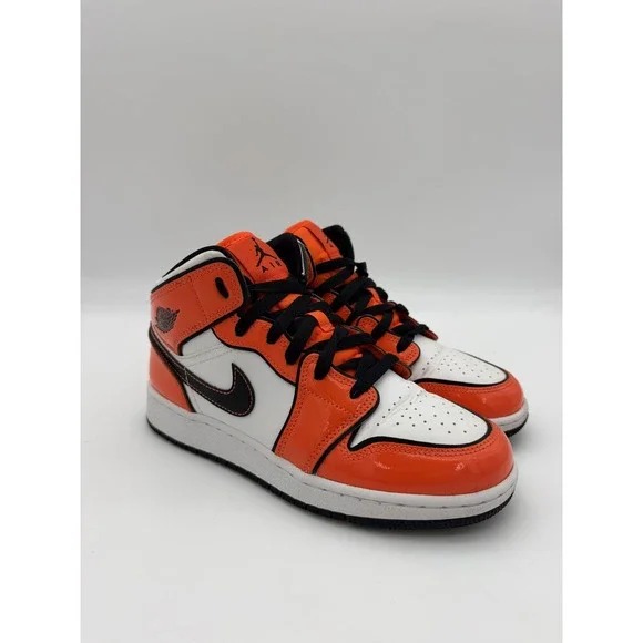 Air Jordan 1 Mid SE Turf Orange Patent Black White BQ6931-802 Mens 6Y