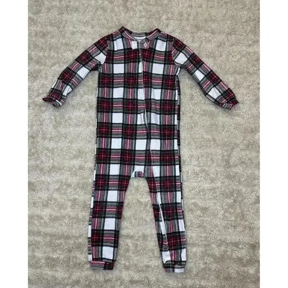 Pottery Barn Kids plaid tartan long sleeve one-piece footless romper Size 12-18M