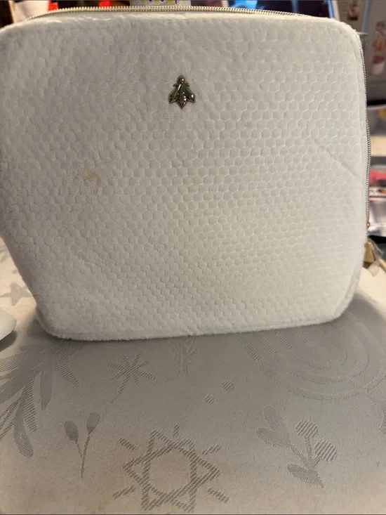 White Textured Cosmetic Bag with Gold Bee Accent
