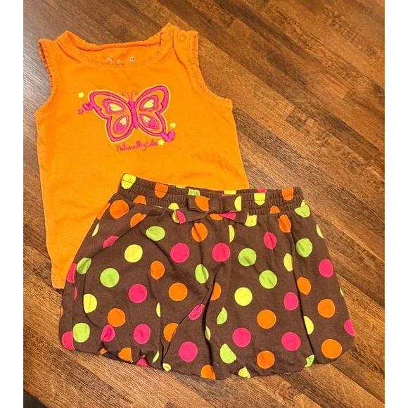 Infant 2 pc outfit, polka dot bubble skirt & butterfly sleeveless shirt 18 month