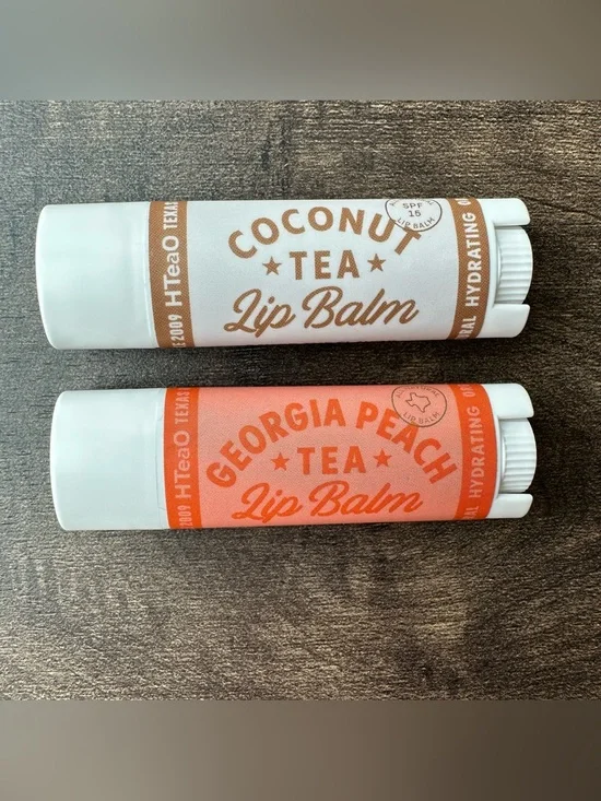 New HTeaO Iced Tea Lip Balm Lot (2) - Coconut Tea SPF 15 & Georgia Peach Tea