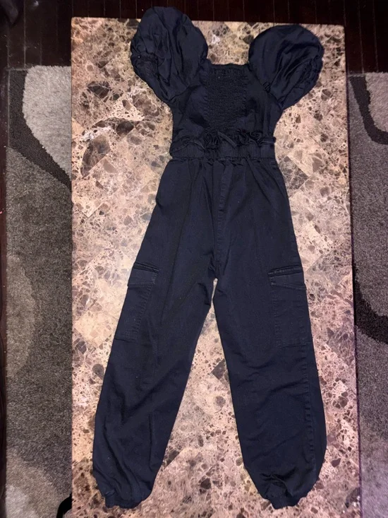 Kids Black Puff-Sleeve One-Piece Jumpsuit