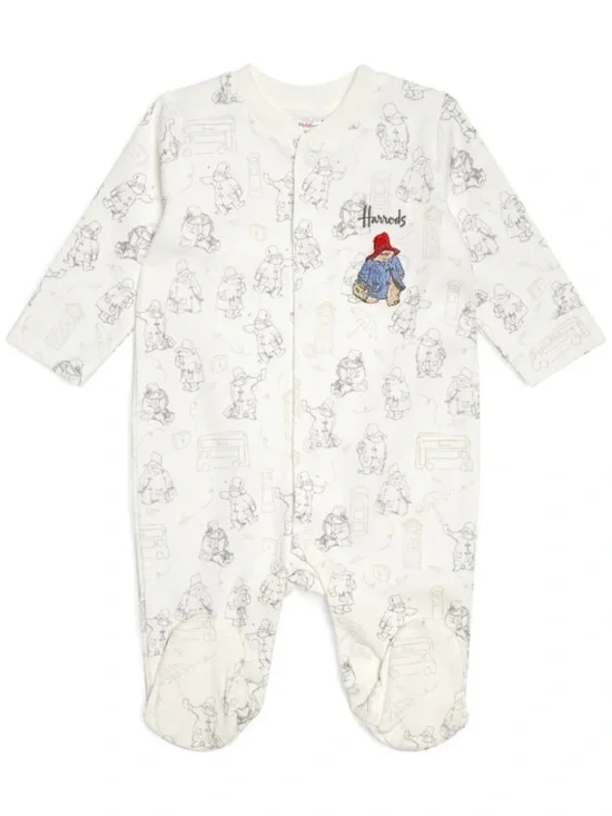 Harrods White Paddington Bear Embroidered Footie with Red Hat Detail