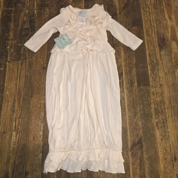 NEW Lemon Loves Layette Gown One-Piece Sz 0-3 Mo Beige Newborn Hospital Outfit