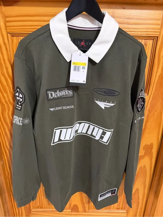 Jordan Long-Sleeve Polo Shirt in Olive Green with White Collar