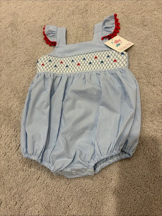 Blue Stripe Smocked Baby One-Piece with Red Trim