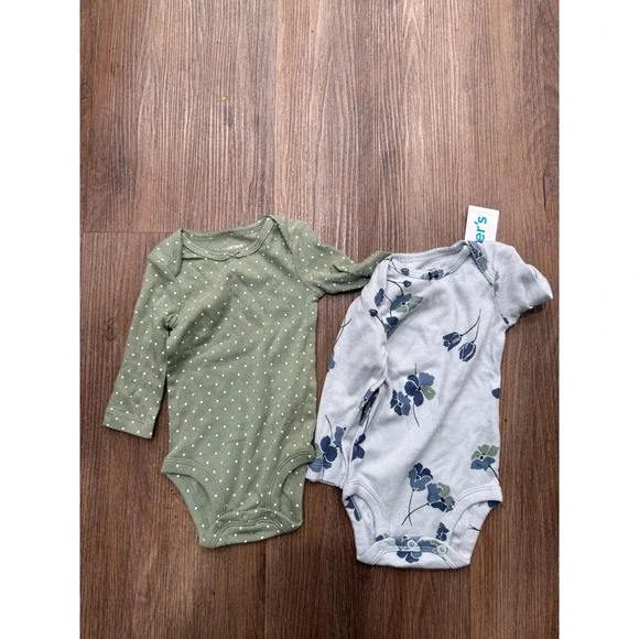 Carters Baby Girls 2PK Long Sleeve Bodysuits Green Polka Dot Blue Floral 3M NEW