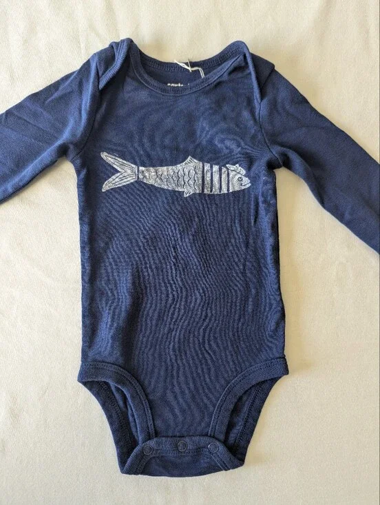 Sardine With Beret Long Sleeve Block Print Onesie