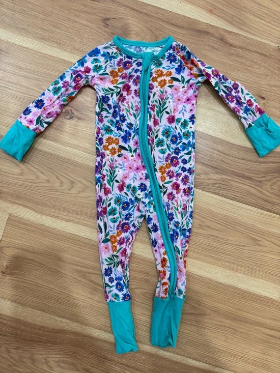 Little Sleepies Pink Floral Zip One-Piece with Teal Trim