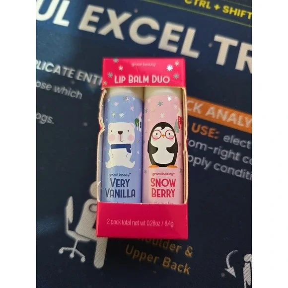 GROOVI Beauty Lip Balm Duo Very Vanilla Snow Berry NIPS 2 Peice Pack 0.28 Oz