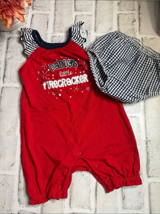 Daddy's Little Firecracker Red Baby One-Piece Bodysuit with Navy Trim