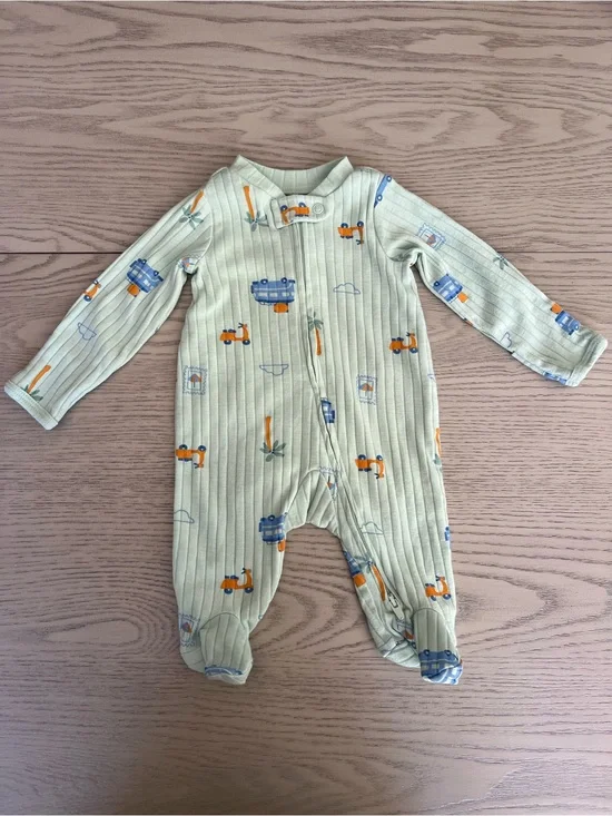 Sage Green Ribbed Footie with Blue & Orange Vehicle Print