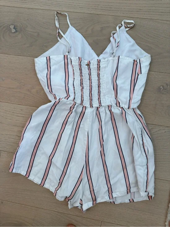 Guess White One-Piece Romper with Pink and Black Stripes
