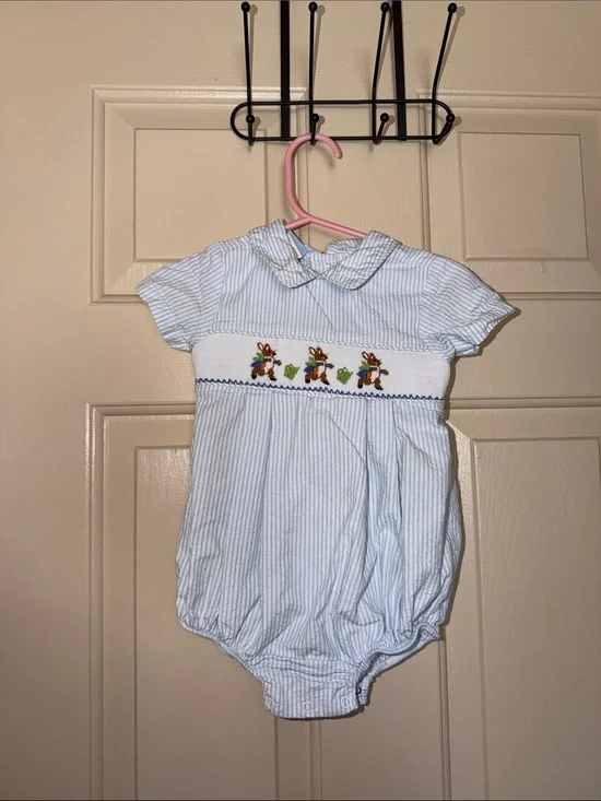 Blue Striped Smocked Baby One-Piece with Bunny Motif