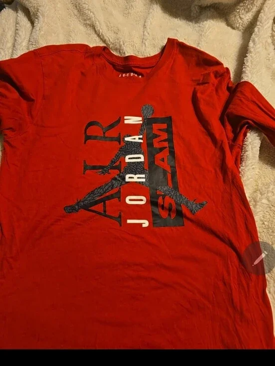 t070126 Air Jordan Shirt Men's Medium Red Long Sleeve Slam Logo Nike Pullover Sh