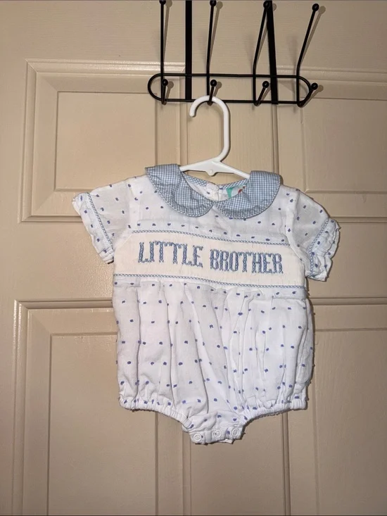 Little Brother White & Blue Baby One-Piece Romper