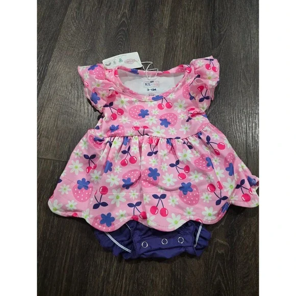 Pete + Lucy Baby Girl Pink Strawberry Cherry Floral Romper Dress 3-6M NWT