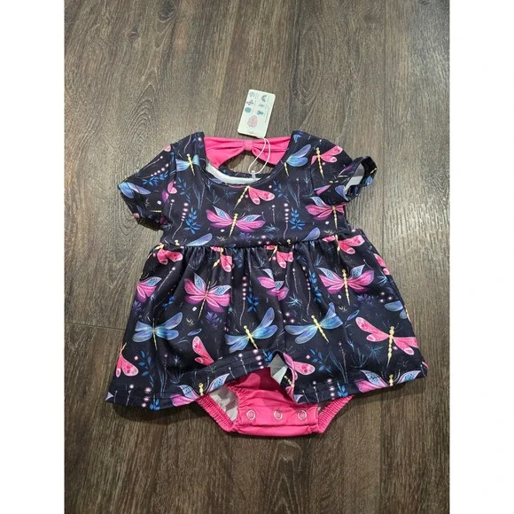 Pete + Lucy Baby Girl Dragonfly Print Romper Dress Pink Bow 3-6M NWT