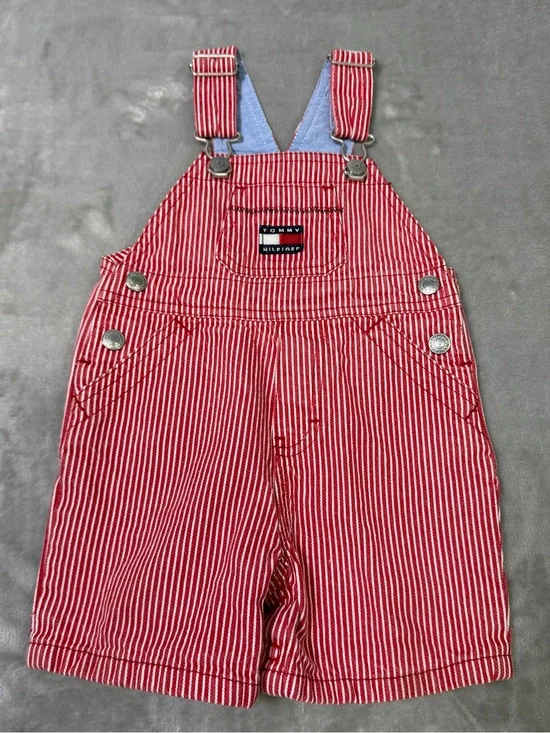 Vintage Y2K Tommy Hilfiger Baby Denim Pinstripe Overalls Size 6-12 Months Red