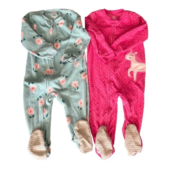 Carters Girls 24M Fleece Footed Pajamas Lot 2 Unicorn Floral Pink Blue Sleeper