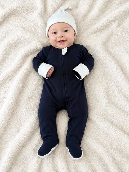 Mambu Baby Black and White Footed One-Piece and Hat - Bamboo - New