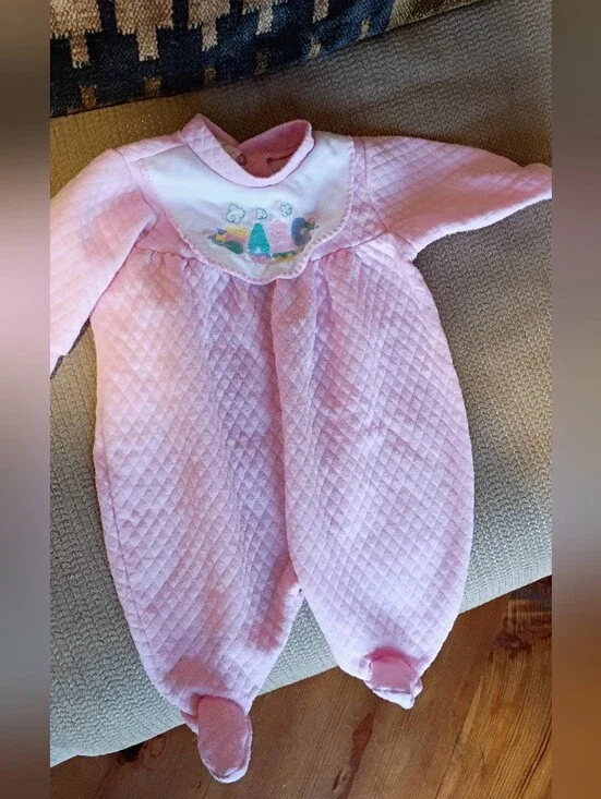 Vintage 90s Y2K Pink Quilted Baby Footed Sleeper with Alphabet Train Bib Detail