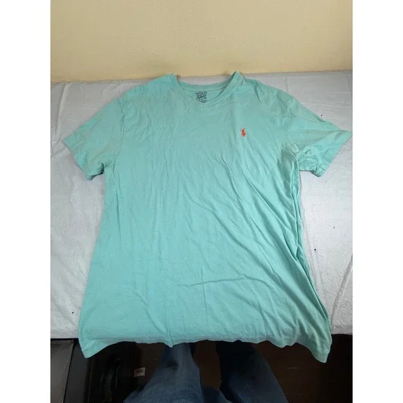 Polo Ralph Lauren Mens V-Neck T-Shirt Medium Aqua Blue Cotton Orange Pony Logo