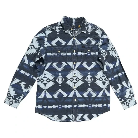 Polo Ralph Lauren Classic Fit Southwestern Aztec Tribal Button Blue‎ Shirt Sz L