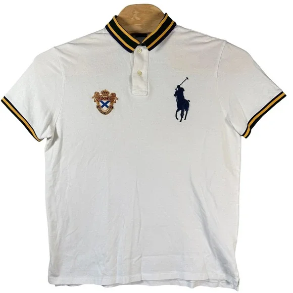 Polo Ralph Lauren Big Pony Crest Polo Shirt Men XL White Custom Slim Fit Striped
