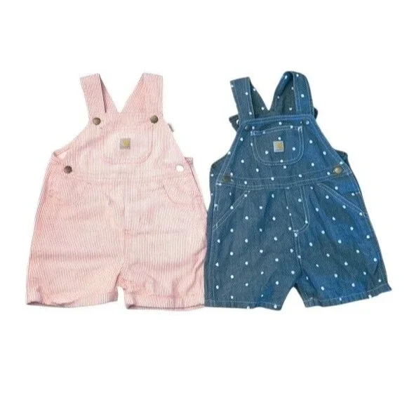 Two Carhartt 2T Girls Overall Shortalls Denim &  Pink Striped Pockets