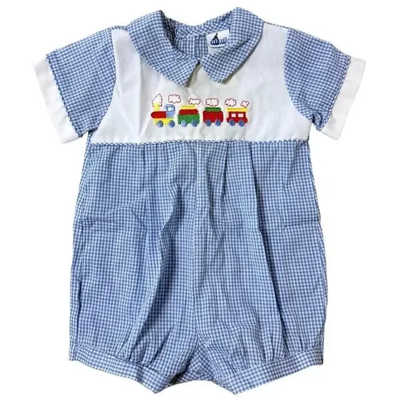 Vintage Alexis Baby Boy Smocked Train Bubble Romper Blue Gingham 6M Jon Jon