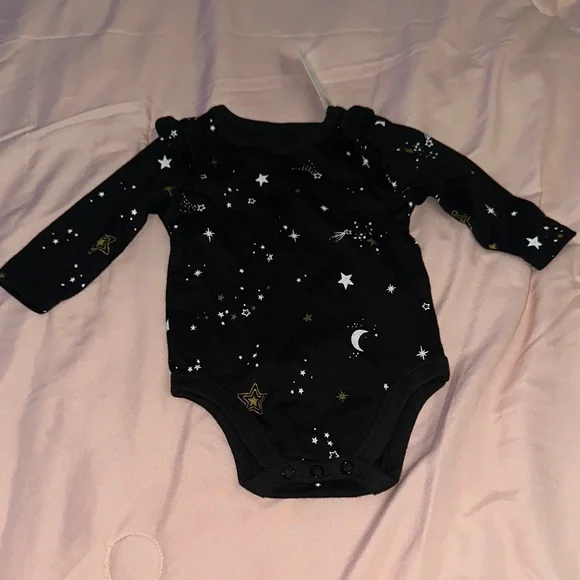 Long-Sleeve Black Star & Moon Baby One-Piece