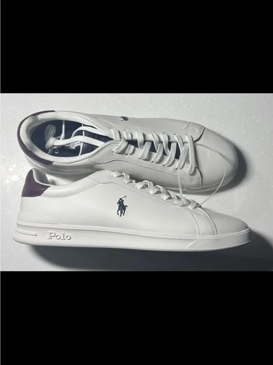Polo by Ralph Lauren White Leather Sneakers with Burgundy Heel Accent