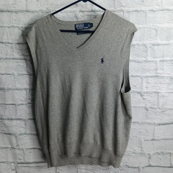 Polo Ralph Lauren Mens Gray 100% Pima Cotton V-Neck Sweater Vest Size Large