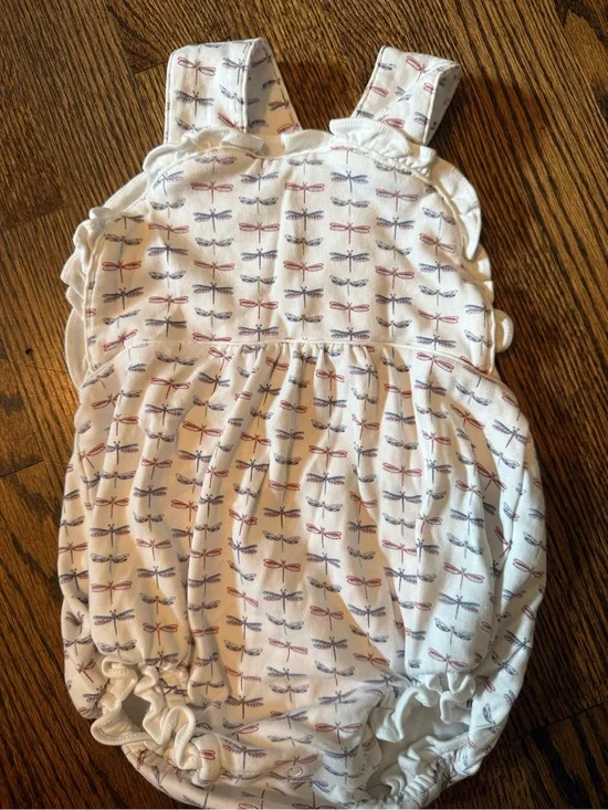 Dragonfly Print Cotton One-Piece Bodysuit - White with Navy & Red Accents