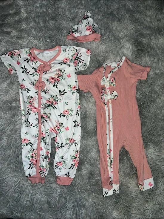 Floral & Pink Baby One-Piece Set with Hat