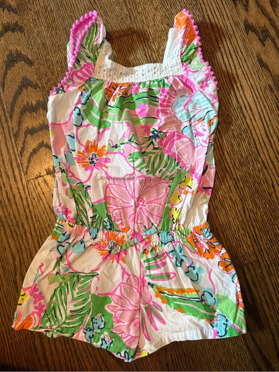 Lilly Pulitzer White Floral Romper with Pink, Green & Orange Print