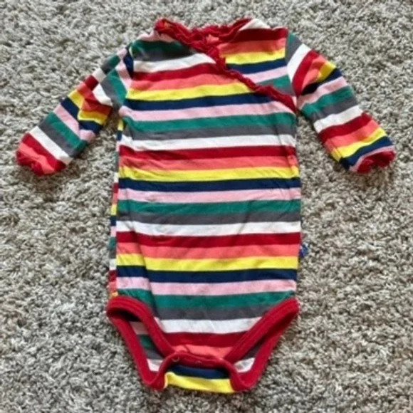 KicKee Pants Bamboo 6-12 Months‎ Striped Ruffle Trim Long Sleeve Baby Bodysuit