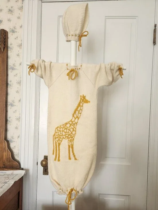 100% American Cashmere Cream and Gold Giraffe Baby Sacque and Hat One Size