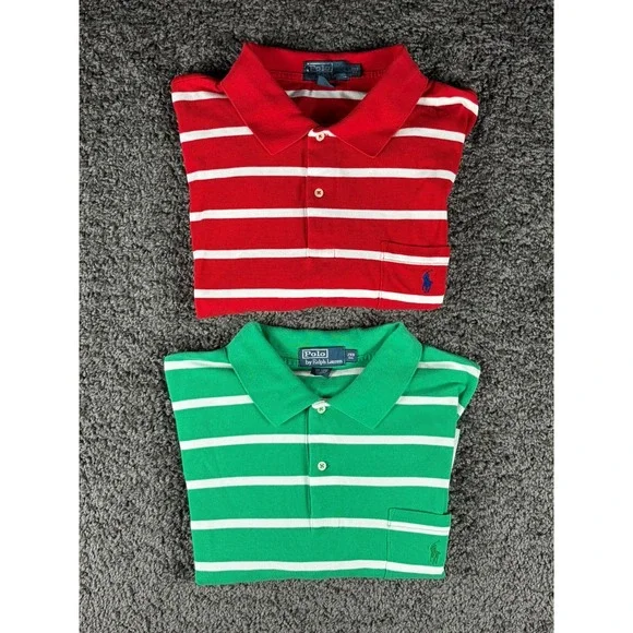 Lot of 2 Polo Ralph Lauren Mens 2XB Big Striped Pocket Polo Shirts Red Green