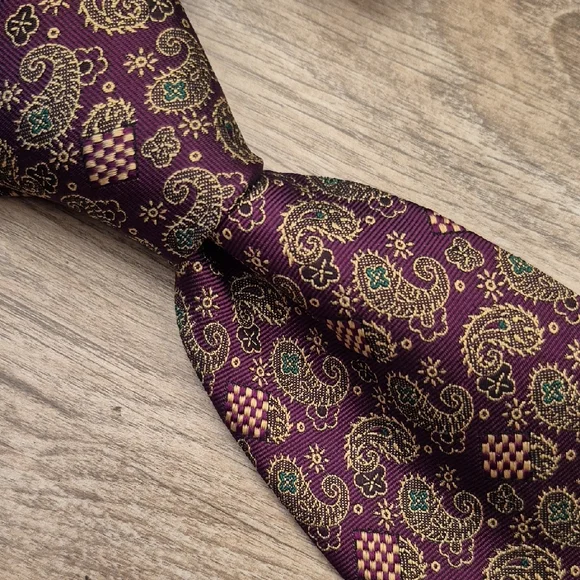 POLO‎ RAPH LAUREN Metallic Purple Beige Paisley USA Hand Made Mens Silk Tie VTG