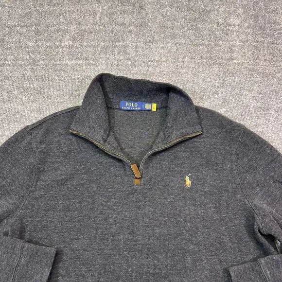 Polo Ralph Lauren Sweater Mens Large Gray Cotton 1/4 Zip Mock Neck Pullover Logo